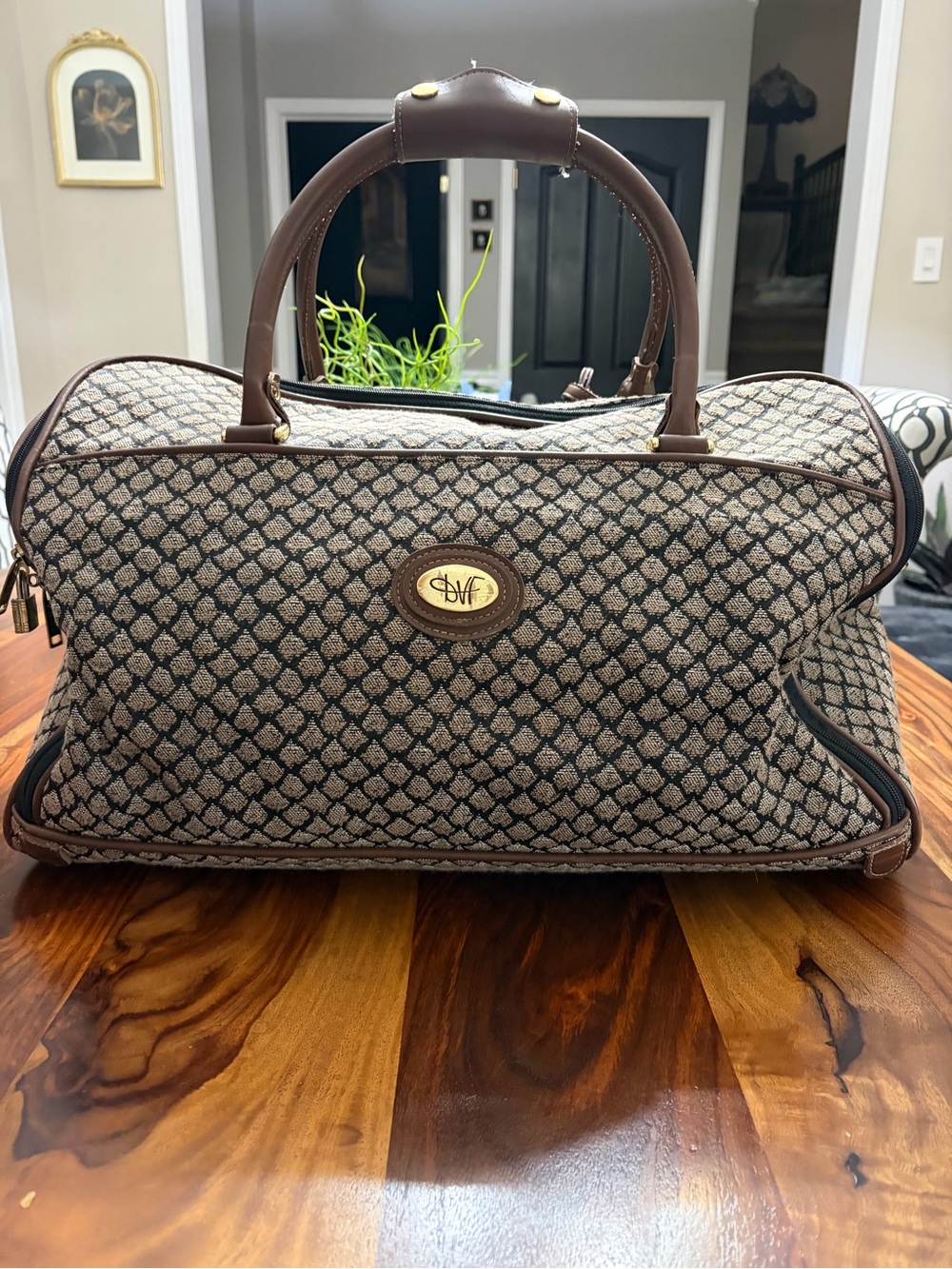 Diane Von Furstenberg Brown Patterned Duffel with Leather Trim
